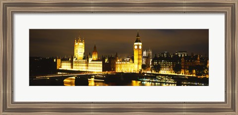 Framed Buildings lit up at night, Westminster Bridge, Big Ben, Houses Of Parliament, Westminster, London, England Print