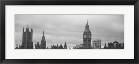 Framed Buildings in a city, Big Ben, Houses Of Parliament, Westminster, London, England (black and white) Print