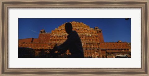 Framed Silhouette of a person riding a motorcycle in front of a palace, Hawa Mahal, Jaipur, Rajasthan, India Print