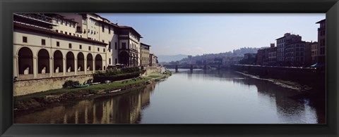 Framed Buildings along a river, Uffizi Museum, Ponte Vecchio, Arno River, Florence, Tuscany, Italy Print