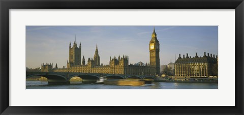 Framed Barge in a river, Thames River, Big Ben, City Of Westminster, London, England Print