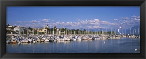 Framed Boats moored at a harbor, Lake Geneva, Lausanne, Switzerland Print