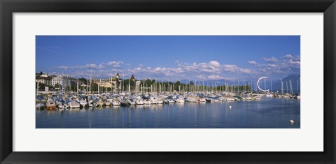 Framed Boats moored at a harbor, Lake Geneva, Lausanne, Switzerland Print