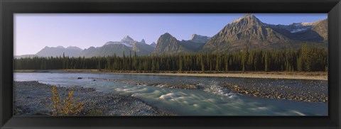 Framed Trees along a river with a mountain range in the background, Athabasca River, Jasper National Park, Alberta, Canada Print