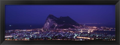 Framed High angle view of a city lit up at night, Rock Of Gibraltar, Andalusia, Spain Print