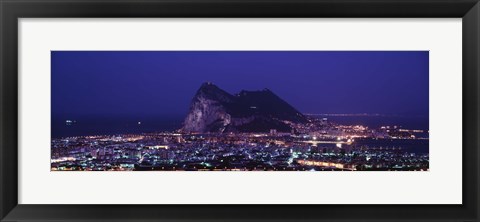 Framed High angle view of a city lit up at night, Rock Of Gibraltar, Andalusia, Spain Print