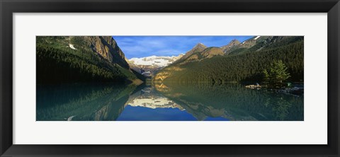 Framed Reflection of mountains in water, Lake Louise, Banff National Park, Alberta, Canada Print