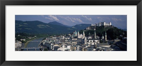 Framed High angle view of a castle on top of a mountain, Hohensalzburg Fortress, Salzach River, Salzburg, Austria Print