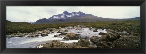 Framed River Sligachan, distant mountain in mist, Glen Sligachan, Isle of Skye, Scotland. Print