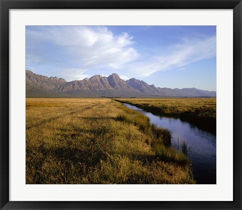 Framed River with a mountain range in the background, Hermon Farm, outside of Cape Town, South Africa Print