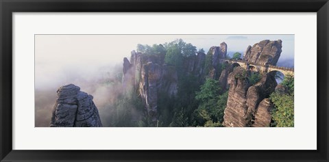 Framed Bridge passing through cliffs, Bastei Bridge, Saxon Switzerland National Park, Dresden, Saxony, Germany Print