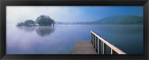 Framed Lake with mountains in the background, Llangorse Lake, Brecon Beacons, Brecon Beacons National Park, Wales Print