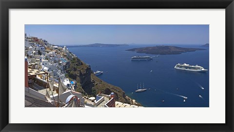 Framed Ships in the sea viewed from a town, Santorini, Cyclades Islands, Greece Print