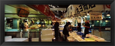 Framed Customers buying fish in a fish market, Tsukiji Fish Market, Tsukiji, Tokyo Prefecture, Kanto Region, Japan Print