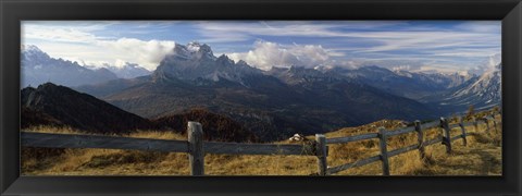 Framed Fence with a mountain range in the background, Mt Rite, Dolomites, Cadore, Province of Belluno, Veneto, Italy Print