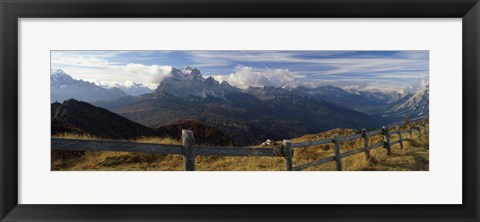 Framed Fence with a mountain range in the background, Mt Rite, Dolomites, Cadore, Province of Belluno, Veneto, Italy Print