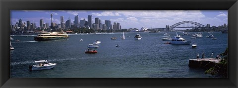 Framed Boats in the sea with a bridge in the background, Sydney Harbor Bridge, Sydney Harbor, Sydney, New South Wales, Australia Print