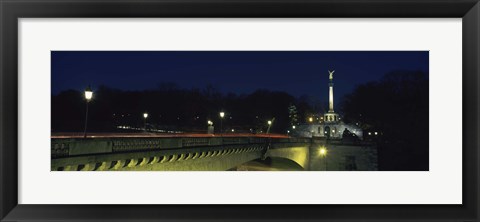 Framed Bridge with a monument lit up at night, Friedensengel, Munich, Bavaria, Germany Print