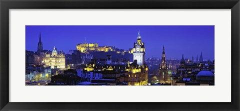 Framed Buildings lit up at night with a castle in the background, Edinburgh Castle, Edinburgh, Scotland Print