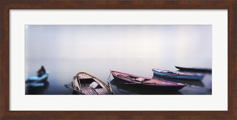 Framed Row boats in a river, Ganges River, Varanasi, Uttar Pradesh, India Print