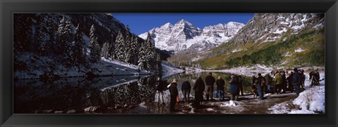 Framed Tourists at the lakeside, Maroon Bells, Aspen, Pitkin County, Colorado, USA Print