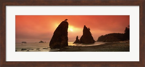 Framed Silhouette of seastacks at sunset, Olympic National Park, Washington State Print