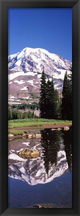 Framed Reflection of a mountain in a lake, Mt Rainier, Pierce County, Washington State, USA Print