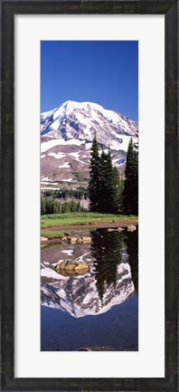 Framed Reflection of a mountain in a lake, Mt Rainier, Pierce County, Washington State, USA Print