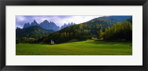 Framed Valley with a church and mountains in the background, Santa Maddalena, Val De Funes, Le Odle, Dolomites, Italy Print