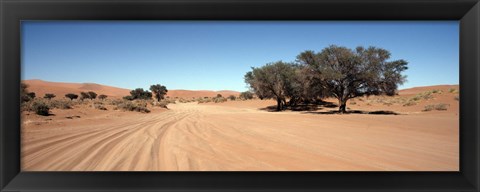 Framed Tire tracks in an arid landscape, Sossusvlei, Namib Desert, Namibia Print