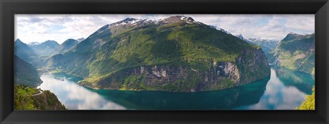 Framed Reflection of mountains in fjord, Geirangerfjord, Sunnmore, Norway Print