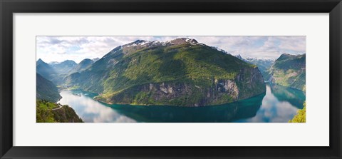 Framed Reflection of mountains in fjord, Geirangerfjord, Sunnmore, Norway Print