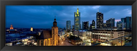 Framed Buildings lit up at night, St. Catherine&#39;s Church, Hauptwache, Frankfurt, Hesse, Germany Print