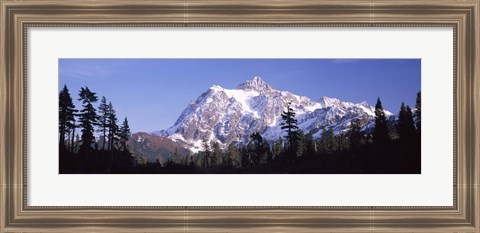 Framed Mountain range covered with snow, Mt Shuksan, Picture Lake, North Cascades National Park, Washington State, USA Print