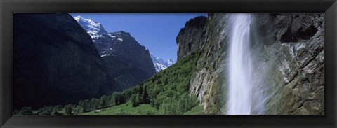 Framed Waterfall in a forest, Staubbach Falls, Mt Jungfrau, Lauterbrunnen Valley, Bernese Oberland, Berne Canton, Switzerland Print