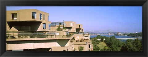 Framed Housing complex with a bridge in the background, Habitat 67, Jacques Cartier Bridge, Montreal, Quebec, Canada Print