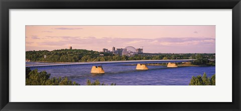 Framed Bridge across a river with Montreal Biosphere in the background, Pont De La Concorde, Montreal, Quebec, Canada Print