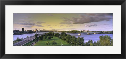 Framed Bridges across a river, Jacques Cartier Bridge, Pont De La Concorde, Montreal, Quebec, Canada Print