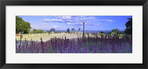 Framed Blooming flowers with city skyline in the background, Kondiaronk Belvedere, Mt Royal, Montreal, Quebec, Canada 2010 Print