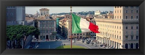 Framed Italian flag fluttering with city in the background, Piazza Venezia, Vittorio Emmanuel II Monument, Rome, Italy Print