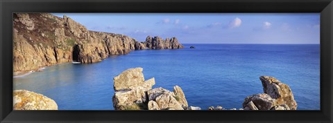 Framed Rock formations at seaside, Logan rock, Porthcurno Bay, Cornwall, England Print