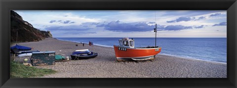 Framed Boats on the beach, Branscombe Beach, Devon, England Print