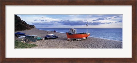 Framed Boats on the beach, Branscombe Beach, Devon, England Print