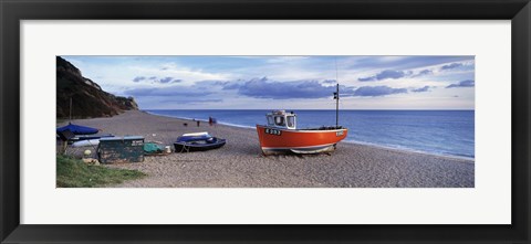 Framed Boats on the beach, Branscombe Beach, Devon, England Print