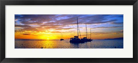 Framed Silhouette of sailboats in the ocean at sunset, Tahiti, Society Islands, French Polynesia Print