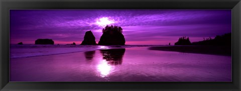 Framed Silhouette of sea stacks at sunset, Second Beach, Washington State Print