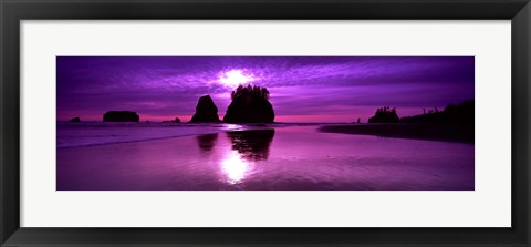 Framed Silhouette of sea stacks at sunset, Second Beach, Washington State Print