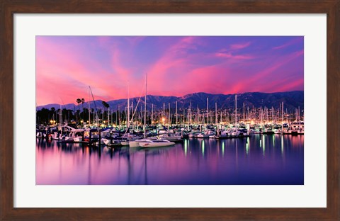 Framed Boats moored in harbor at sunset, Santa Barbara Harbor, Santa Barbara County, California, USA Print