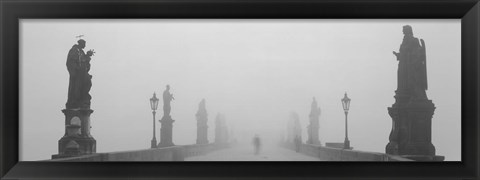 Framed Statues and lampposts on a bridge, Charles Bridge, Prague, Czech Republic (black and white) Print