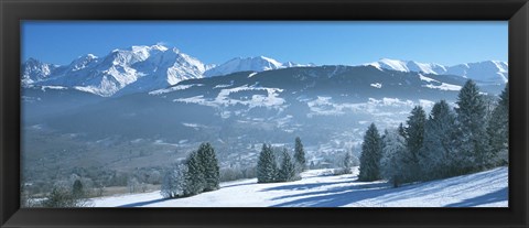 Framed Trees with snow covered mountains in winter, Combloux, Mont Blanc Massif, Haute-Savoie, Rhone-Alpes, France Print